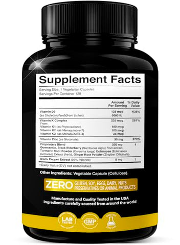 X Gold Health - Vitamina D, K2, K1, Zinco, Quercetina, Sabugueiro, Cúrcuma, Gengibre  – Fórmula Potente para Saúde