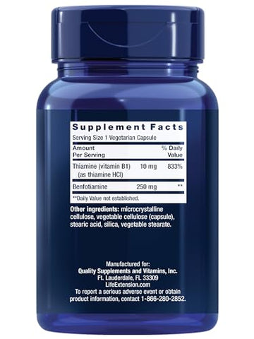 Mega Benfotiamine 250 mg – Forma lipossolúvel de tiamina, metabolismo saudável, vitamina B1 ultra-bio disponível, alta potência, sem glúten, não transgênico, vegetariano, 120 cápsulas - Life Extension