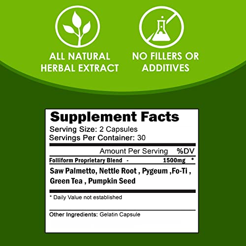 FOLLIFORM | Bloqueador de DHT para Homens e Mulheres | Fórmula de 1500mg de Saw Palmetto, Pygeum e Raiz de Nettle | Suporta o Crescimento Saudável dos Cabelos e a Saúde do Couro Cabeludo | 60 Cápsulas - VH Nutrition