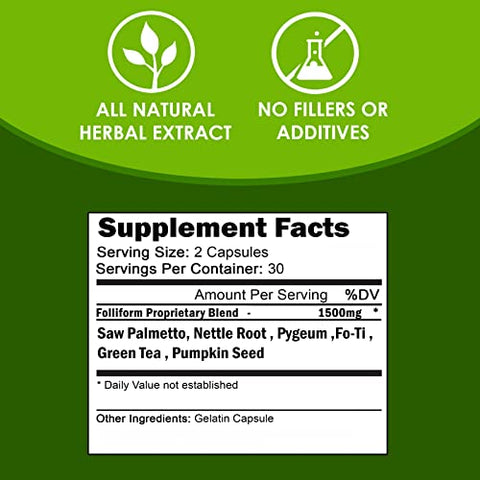 FOLLIFORM | Bloqueador de DHT para Homens e Mulheres | Fórmula de 1500mg de Saw Palmetto, Pygeum e Raiz de Nettle | Suporta o Crescimento Saudável dos Cabelos e a Saúde do Couro Cabeludo | 60 Cápsulas - VH Nutrition