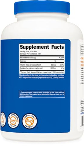 Cálcio com Vitamina D, 240 Comprimidos – Cálcio (1200mg) Vitamina D (50mcg) Por Porção – Livre de Transgênicos, Sem Glúten - Nutricost