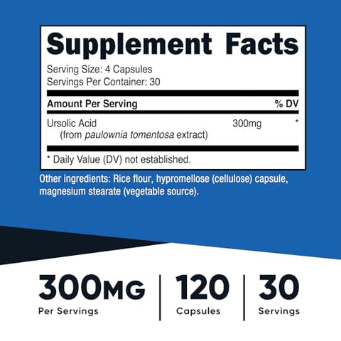 Ácido Ursólico 300mg, 120 Cápsulas – Vegetariano, Não GMO, Sem Glúten, Sem Soja - Nutricost