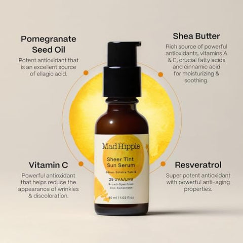 Sheer Tint Sun Serum – Hidratante Tonalizante para o Rosto com FPS 29, Vitamina C, Ácido Hialurônico, Protetor Solar Tonalizante em Frasco de Vidro Reciclável, Reef Safe - Mad Hippie