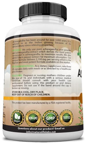 NaturaLife Labs A Higher Standard - Ashwagandha Orgânica 2.100 mg – 100 Cápsulas Veganas de Pó Puro de Ashwagandha Orgânica e Extrato de Raiz – Alívio do Estresse, Melhorador de Humor