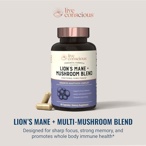 Live Conscious - Suplemento de Cogumelo do Leão para Suporte Cerebral com Lion’s Mane, Cordyceps, Reishi e Turkey Tail – Suplemento de Memória Cognitiva para o Cérebro