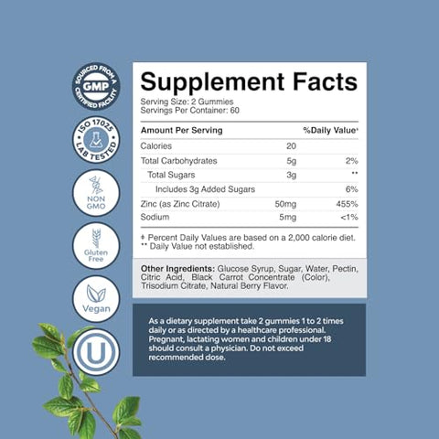 Natures Craft - Gomas de Zinco Extra Forte para Adultos – Gomas de Citrato de Zinco Mastigáveis 50mg – Imunidade para Adultos – Kosher Halal Sem Glúten e Gelatina Livre de OGM Sem Nozes – Sabor Incrível de Zinco