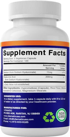 Ácido Hialurônico 200mg – Suporte para Tecido Conjuntivo e Articulações Saudáveis – Promove uma Pele Jovem e Saudável – 120 Cápsulas - Vitamatic