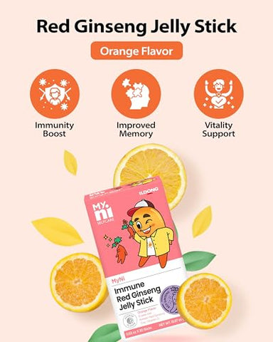 myni - Myni Geléia de Ginseng Panax Coreano (Sabor Laranja, 30 Unidades, 15 Dias) – Suplemento de Extrato de Ginseng Vermelho para Crianças. Estimula a Imunidade, Melhora a Memória