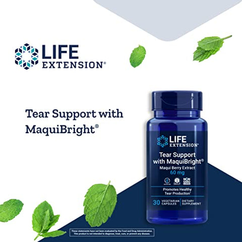 Suplemento para saúde ocular com extrato de Maqui Berry – Life Extension Tear Support com MaquiBright 60mg – Fórmula para produção de lágrimas e alívio dos olhos secos – Não-OGM, sem glúten, vegetariano – 30 cápsulas