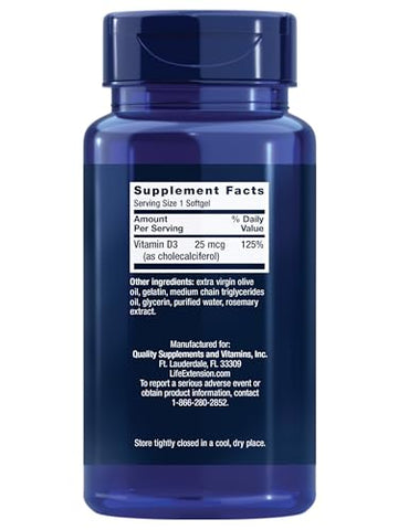 Vitamina D3 25 mcg (1000 UI) Life Extension, suporte ao sistema imunológico, saúde óssea, saúde integral, tamanho econômico, sem glúten, não transgênico, 250 softgels