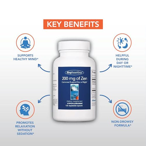 200mg of Zen – GABA, L-Theanine, Suporte para Calma, Dia ou Noite, Cápsulas Vegetarianas – 120 Unidades - Allergy Research Group