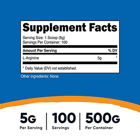 L-Arginine em Pó 500g – Puro em L-Arginine – 5000mg por Porção; 100 Porções - Nutricost