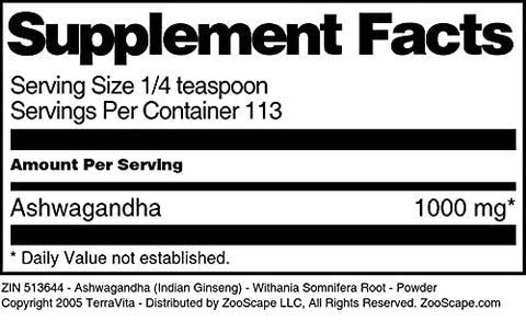 Terravita - Ashwagandha (Ginseng Indiano) – Raiz de Withania Somnifera – Pó (113 g) – Embalagem Dupla