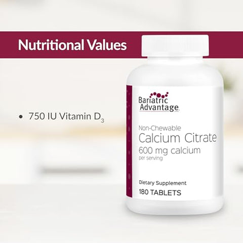 Cálcio Citrato 600mg com Vitamina D3 – 180 Comprimidos - Bariatric Advantage