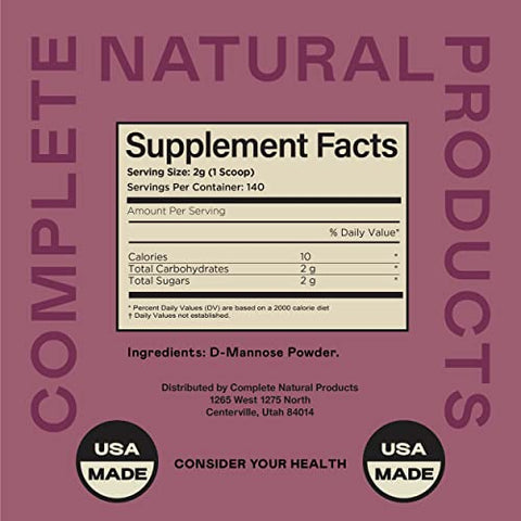 Complete Natural Products - D-Mannose em Pó Puro – 283g (10oz) – 120 Porções para Infecção Urinária e Bexiga