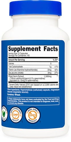 Extrato de Germen de Trigo com Spermidina, 1500mg, 120 Cápsulas – 15mg de Spermidina por Porção, 40 Porções, Vegetariano e Não-OGM - Nutricost