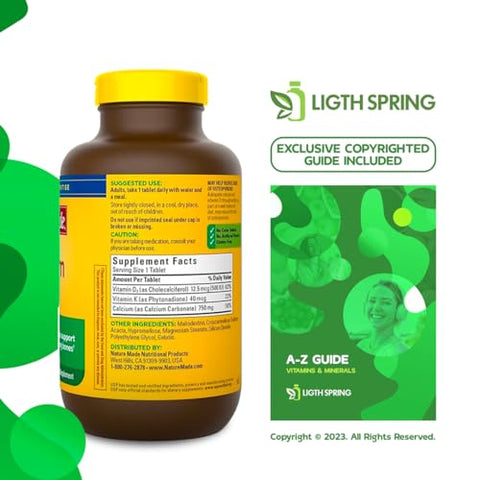 LightSpring - Nature Made Calcium 750 mg com Vitamina D3 e K, Suplemento para Suporte Ósseo, 300 Comprimidos, Pacote com Vitaminas Exclusivas