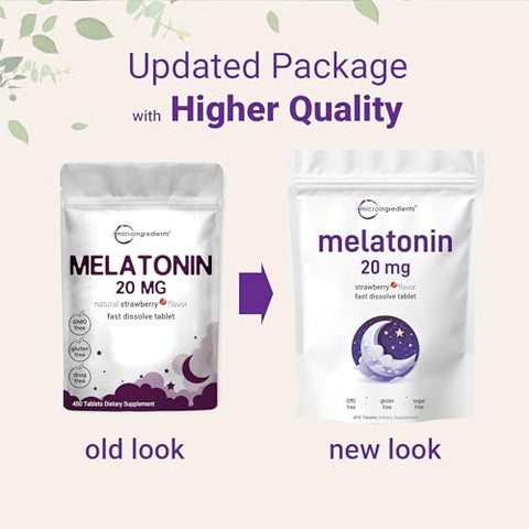 Melatonina 20mg Comprimidos, 400 Unidades, Sabor Natural de Morango, Dissolução Rápida | Sem Medicamentos, Amigável para Vegetarianos, Não-OGM - Micro Ingredients