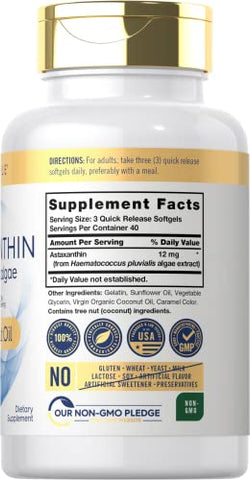 Astaxantina 12mg | 120 Cápsulas | Suplemento de Microalgas | com Óleo de Coco | Não-OGM - Carlyle