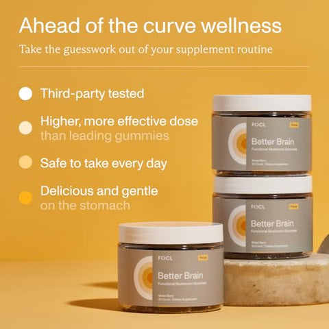 Gomas de Cogumelo do Leão para Função Cerebral, Foco, Memória, Energia, Impulso Imunológico, Resistência – Complexo de Cogumelo Leão do Mane, Reishi, Cordyceps – 60 gomas - FOCL