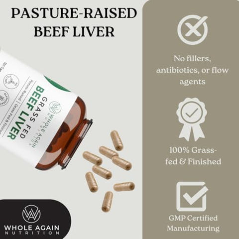 Whole Again Nutrition - Cápsulas de Fígado de Gado Criado a Pasto – 100% Natural – Sem Aditivos ou Agentes Químicos – 120 Unidades de 3.000mg – Suprimento de 30 Dias – Rico em Ferro e Energia – Fígado Desidratado de Gado Criado a Pasto