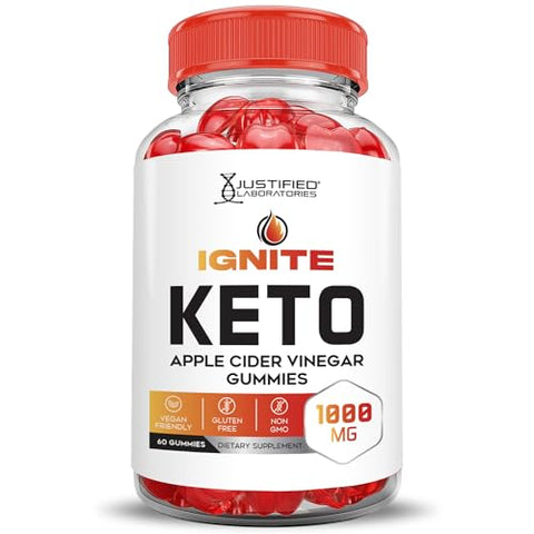 Justified Laboratories - (2 Pacotes) Gomas Ignite Keto ACV Avançadas 1000MG Fórmula de Gomas Ignite Keto de Vinagre de Maçã Formuladas com Suco de Romã em Pó B12 Vegano Não GMO 120 Gomas
