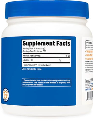 L-Lysine em Pó 500g – Puro L-Lysine, Não-OGM, Livre de Glúten - Nutricost