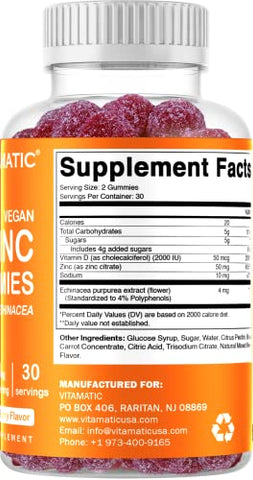 Zinc 50mg Gummies – 2 Pacotes de 60 Gomas Veganas – Livre de Glúten – Suporte Imunológico Saudável para Adultos, Homens, Mulheres - Vitamatic