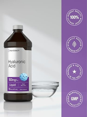 Suplemento de Ácido Hialurônico Líquido | 100 mg | 473 ml | Sabor de Frutas Vermelhas | Fórmula Livre de Transgênicos e Glúten - Horbäach