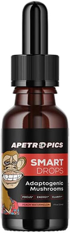 Smart Drops – Tintura Adaptogênica de Cogumelo com Lion’s Mane, Cordyceps, Turkey Tail, Chaga, Reishi – Suplemento Nootrópico – Sabor Pêssego Melancia, 30 Porções - Apetropics