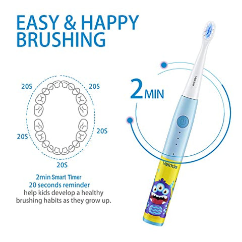 Escova de Dentes Elétrica Infantil, 3 Modos e Temporizador de 2 Minutos para Crianças de 3 Anos, à Prova d’Água IPX7, 4 Cerdas Macias (Monstro de Três Olhos) - Vekkia