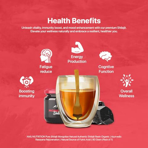 AMU NUTRITION - Shilajit Puro do Himalaia Orgânico – Colhido na Mongólia – Fonte Natural de Ácido Fúlvico e Minerais Traços – 80g