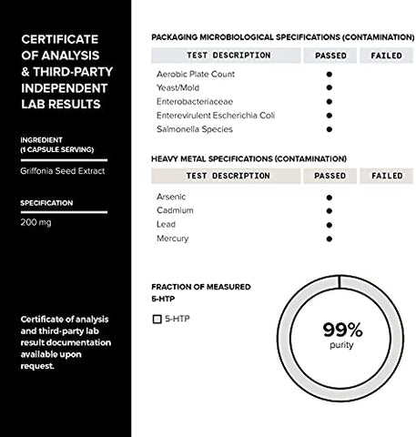 Ultra High Strength 5HTP Capsules – Cápsulas de 99% Altamente Purificadas e Bioabsorvíveis – Extrato Concentrado 12:1 – 200mg – 90 Cápsulas Vegetais - Toniiq