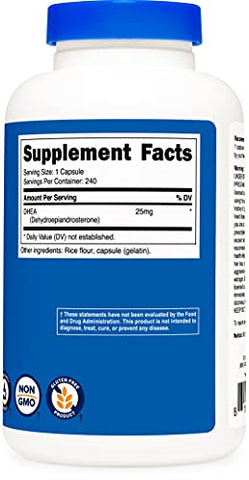DHEA 25mg – 240 Cápsulas | Livre de Glúten, Soja e Transgênicos | Suplemento de Qualidade | - Nutricost