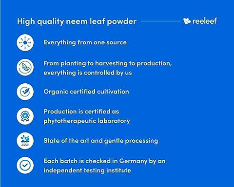 reeleef - Cápsulas de Folha de Neem Puro Herbal – 120 Unidades 500 mg – Pó de Neem Puro Feito com Folhas de Neem Orgânicas Certificadas – Sem Aditivos – Vegano