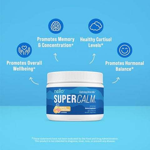 Supercalm: Pó para Bebida Energética, Tangerina Tropical, L Teanina, Ksm-66 Ashwagandha, Glicinato de Magnésio, Vitamina D3, Suplementos para Relaxamento - Nello