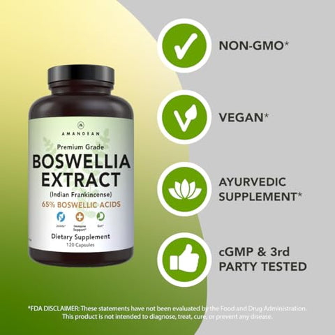 Extrato de Boswellia Serrata. 500mg 120 Cápsulas Vegetais. 65%% Ácidos Boswélicos com AKBA. Incenso Indiano para Suporte à Saúde das Articulações. Embalagem Pode Variar - AMANDEAN