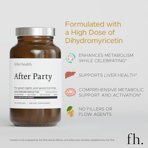 Fuller Health - After Party, Suplemento de Dihidromiricetina | Suporte ao Fígado, Metabolismo, Níveis de Energia, Alívio Pós-Celebração | Sensação de Renovação, 650mg por Cápsula | 1 Frasco, 24 Porções