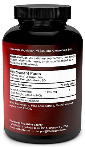 Suplemento de Acetil L-Carnitina em Cápsulas Vegetarianas 1200mg por Porção – 120 Cápsulas - Divine Bounty