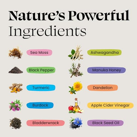 Gomas de Musgo do Mar, 3000mg de Musgo do Mar, 2000mg de Semente Preta, 1000mg de Ashwagandha, Cúrcuma, Mel Manuka, ACV, Dente-de-leão, Pimenta Preta, Bardana, Fucus, Vegano, 90 g - Optimal Prime
