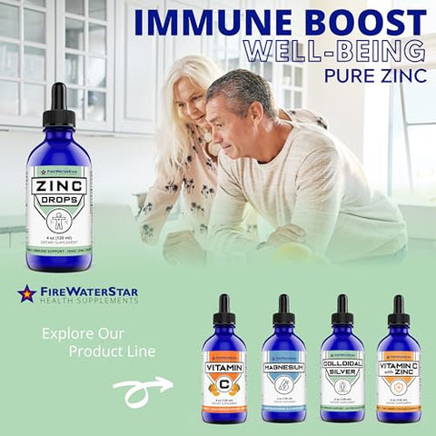 FIREWATERSTAR HEALTH SUPPLEMENTS - FWS Liquid Zinc – Gotas de Zinco Líquido – Suporte Imunológico para Adultos e Crianças – Orgânico, Não-OGM, Vegano – 45mg – Reforce seu Sistema Imunológico, Apoie uma Pele Saudável e Promova