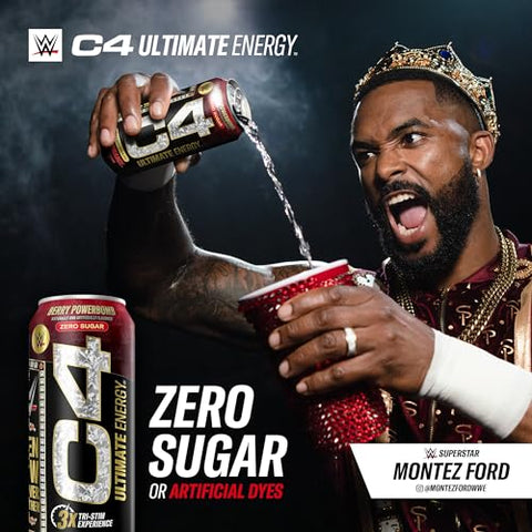 C4 Ultimate x WWE | Bebida Energética Pré-Treino Sem Açúcar | Experiência Tri-Stim com 300mg de Cafeína TeaCrine Dynamine | Berry Powerbomb | 16oz (Pacote com 12) - Cellucor