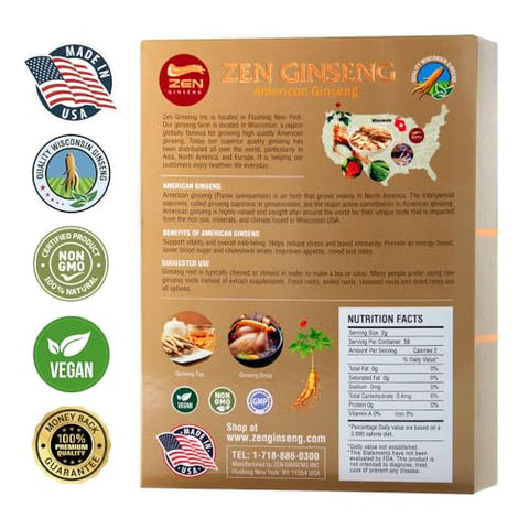 Zen Ginseng - 4 Caixas de Ginseng Americano do Wisconsin – Raiz Longa Pequena – Qualidade Premium de Ginseng Panax. Aumenta a Imunidade do Corpo, Energia para Homens