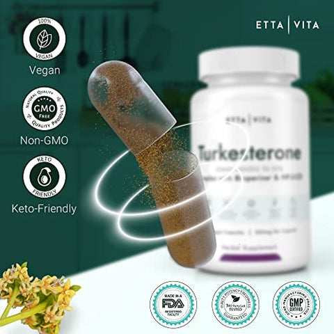 Etta Vita - Potente Suplemento de Turkesterona, 2X Puro (Fabricado nos EUA – Testado por Terceiros) Suporte Natural e Altamente Bioacessível para Testosterona, Energia, Crescimento Muscular Magro, Recuperação e