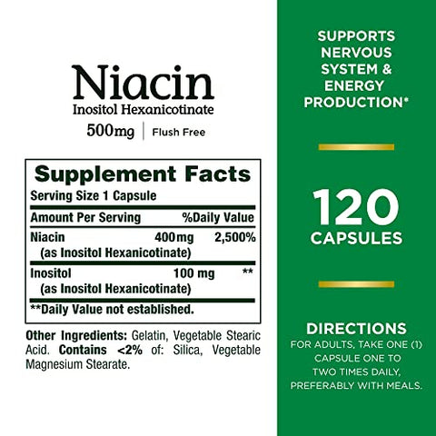 Nature's Bounty - Nature’s Bounty Niacin 500mg Flush Free – Suporte Energético Celular, Saúde do Sistema Nervoso, 120 Cápsulas