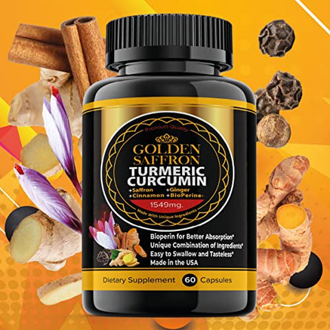 Curcumina de Açafrão com Bioperina, Canela e Gengibre – Alta Potência, Livre de Transgênicos e Glúten – Fabricado nos EUA - GOLDEN SAFFRON