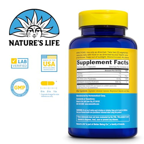 Nature's Life - Nature’s Life Monolaurin Plus Zinc – Suporte Imunológico com 936mg de Monolaurina de Coco Cru, 15mg de Zinco, Promove Saúde Intestinal, Flora Intestinal Equilibrada, Garantia de 60 Dias, 45 Porções