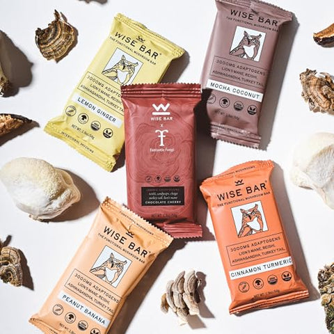 WISE BAR - Wise Bar – Barras Nutricionais de Cogumelos Adaptogênicos, Sabor Limão e Gengibre, 12 Unidades, Dose Diária de 3.000mg de Cogumelos Funcionais e Adaptógenos por Barra, Orgânico, Vegano e Livre de Glúten