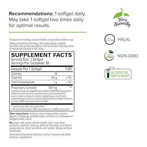 CuraMed 750 mg Complexo de Curcumina – 30 Softgels – Absorção Superior BCM-95 – Não-OGM, Sem Glúten, Halal – 30 Porções - Terry Naturally