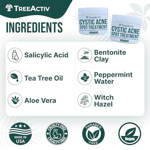 Tratamento para Acne Cística TreeActiv – Ácido Salicílico, Creme para Acne Facial, Tratamento para Acne Hormonal, Creme para Acne Facial e Corporal, Tratamento para Manchas de Acne